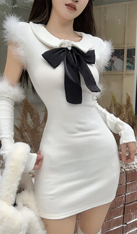 KNITTED BOW MINI DRESS Trendy Mini Dress with Belt
