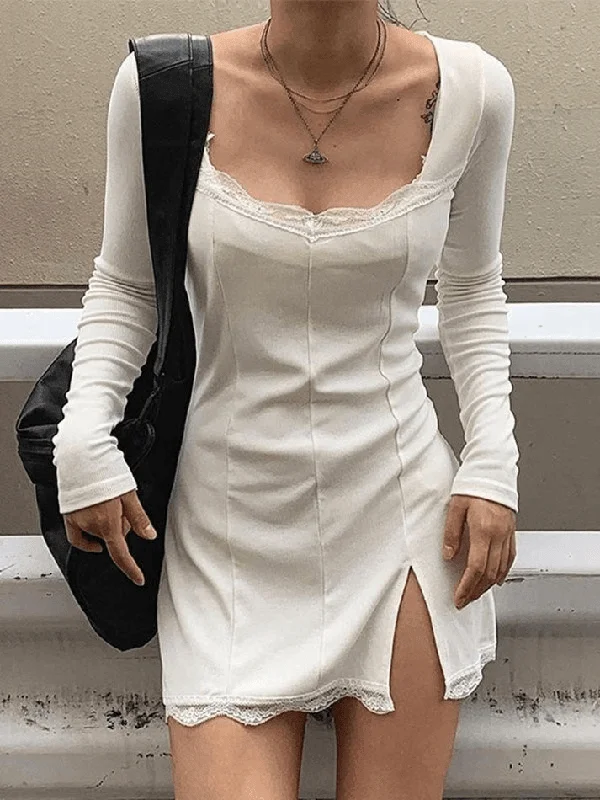 Lace Paneled Split Long Sleeve Mini Dress Trendy Tulle Mini Dress