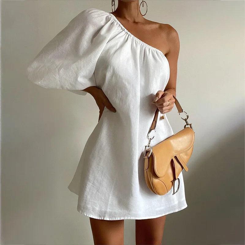Leah One Shoulder Mini Dress Chic Mini Dress with V-Neck