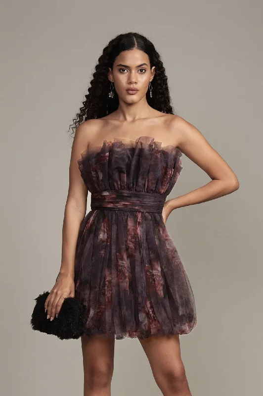 Nanita Mini Dress with Balloon Hem in Plum Floral Stylish Sweetheart Mini Dress