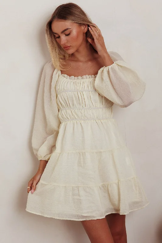 On A High Puff Sleeves Low Back Mini Dress Ivory Trendy Denim Mini Dress