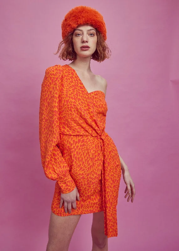 Petite Paige One Shoulder Mini Dress - Orange/Red Elegant Satin Mini Dress