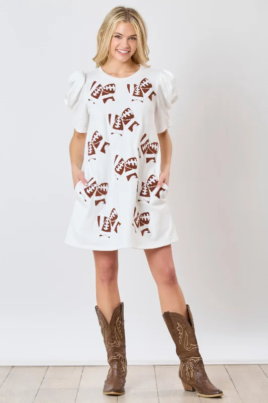 PE Football Bow Mini Dress - White Cozy Ruched Mini Dress