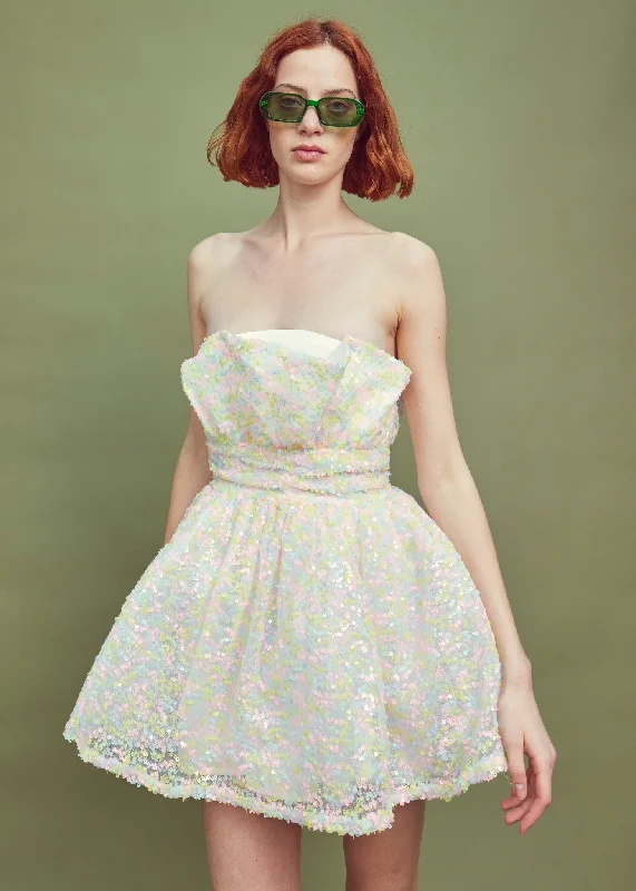 Petite Callie Gathered Bandeau Mini Dress - Pastel Sequins Trendy Button-Detail Mini Dress Petite Callie Gathered Bandeau Mini Dress - Pastel Sequins Trendy Button-Detail Mini Dress