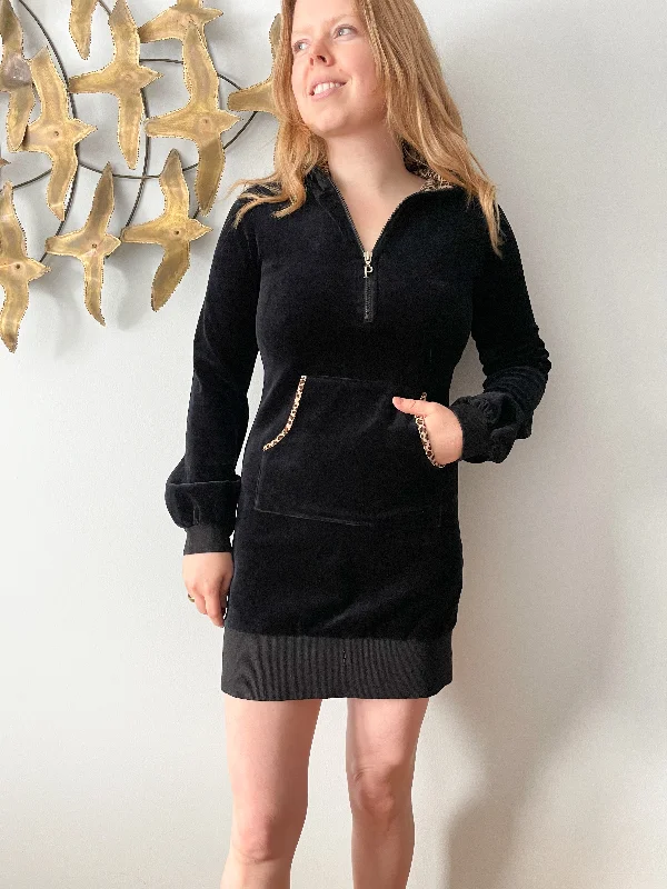Pony & Riny. B Black Velour Leopard Trim Hooded Sweater Dress - Small
