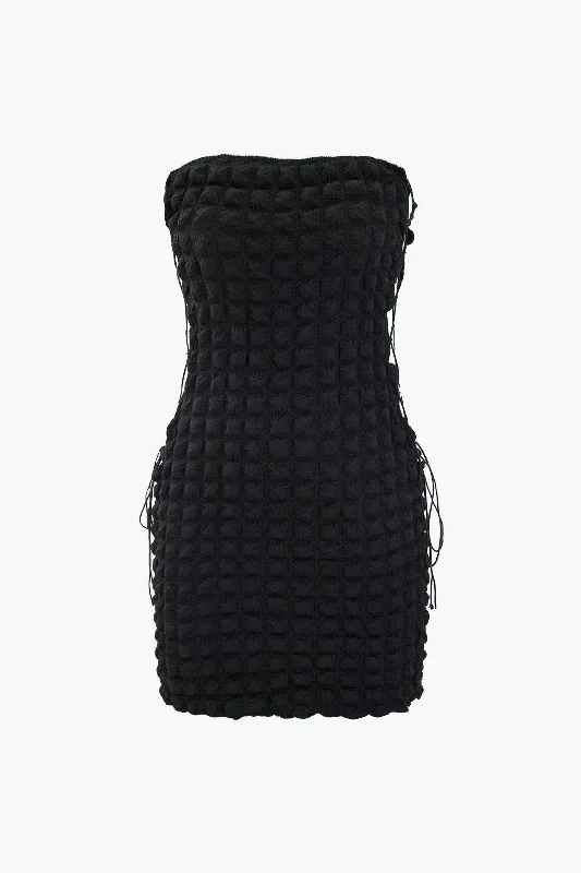 Popcorn Textured Tie Side Strapless Mini Dress Stylish Ruffle Mini Dress