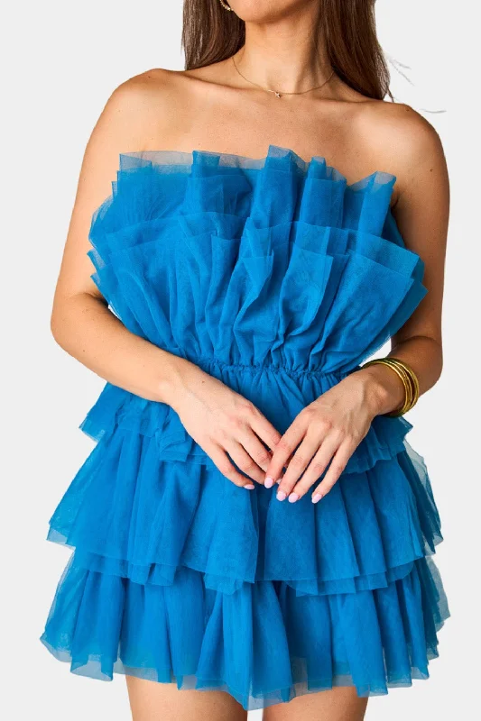Powder Puff Strapless Tulle Mini Dress - Indigo Elegant Off-Shoulder Dress Mini