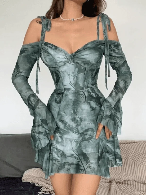 Print Lace Up Trumpet Sleeve Slim Mini Dress Fashionable Boho-Chic Mini Dress