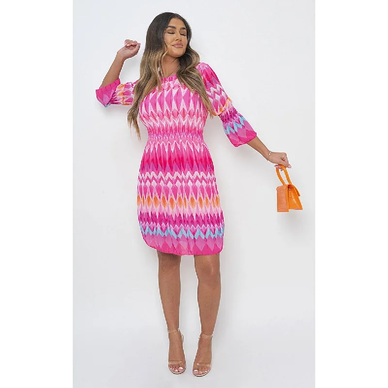 Printed Mini Dress with Elastic Waist Elegant Lace-Up Mini Dress