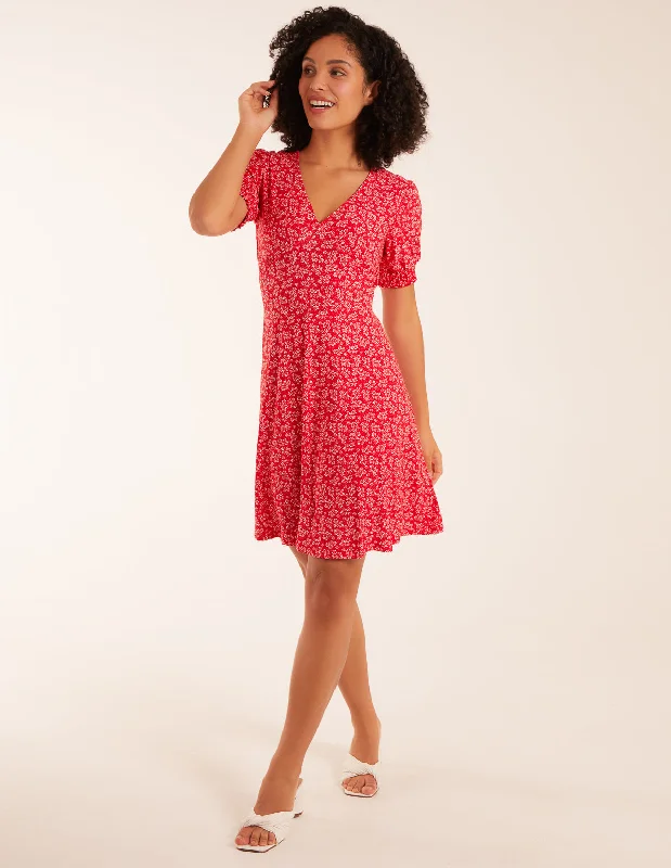 Shirring Cuff Sleeve Tea Dress