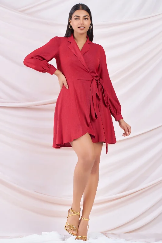 Red Wrap Mini Dress Fashionable Lace Mini Dress