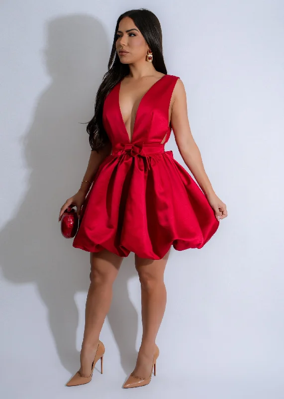 Rosé Flame Satin Mini Dress Red Elegant Off-Shoulder Dress Mini
