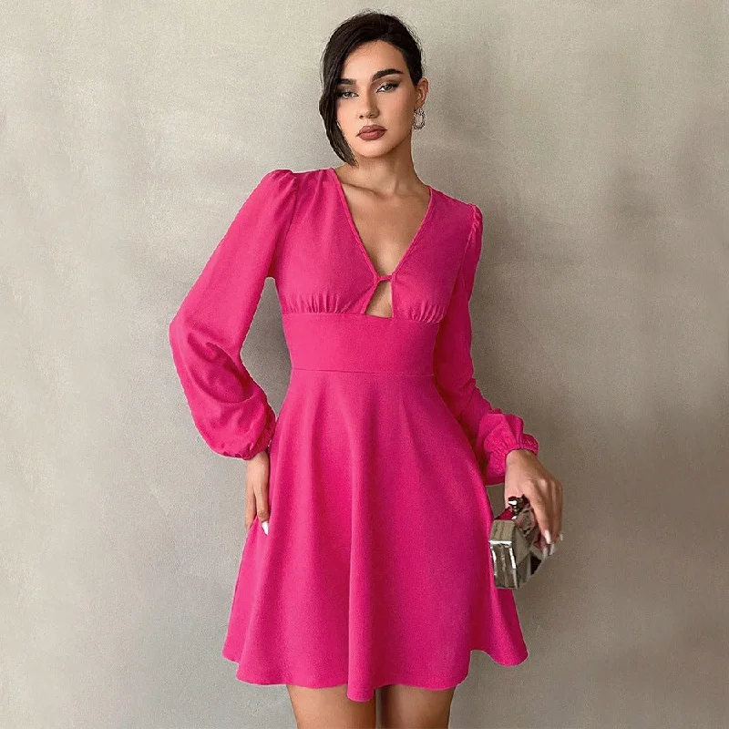 Rose Red V-neck Puff Sleeve A-line Smock Waist Mini Dress Elegant Lace Mini Dress
