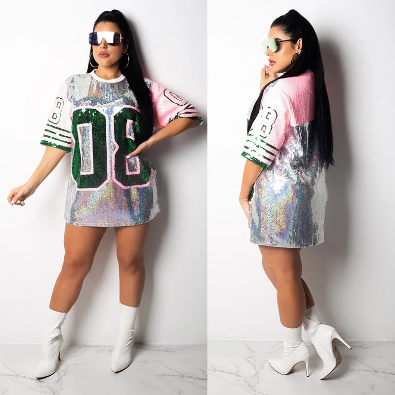 Round neck short-sleeved sequin dress CODE: mon1762