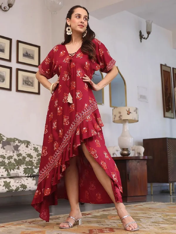 Maroon Printed Flare Dress in Asymmetrical Hem