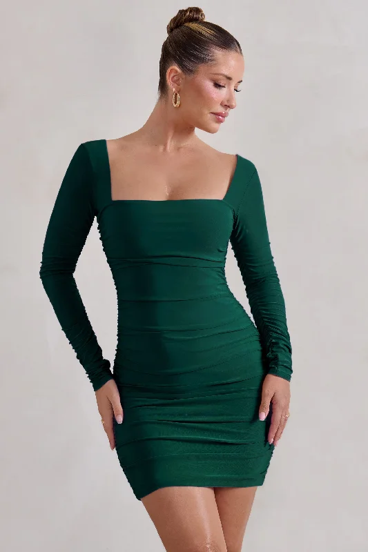 Muse | Green Long Sleeve Square Neck Ruched Mini Dress Comfortable Zip-Up Mini Dress