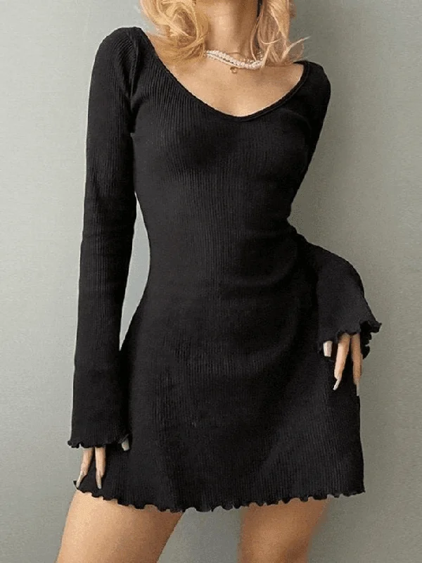 Simple Knitted Long Sleeve Mini Dress Stylish Short Sleeve Mini Dress