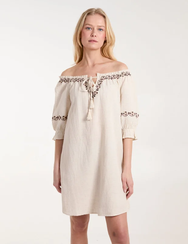 Embroidered Detailing Bardot Tunic Dress