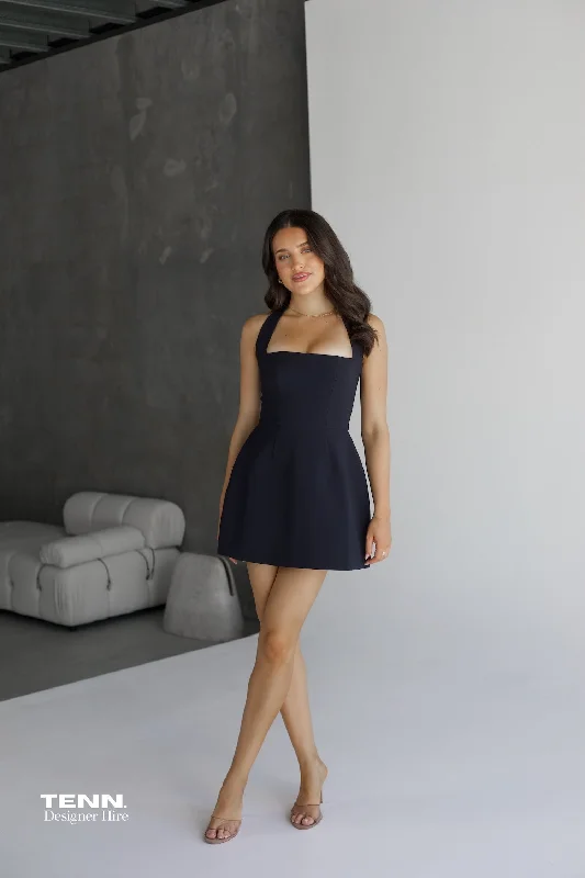 Structured Mini Dress - Navy Modern Satin Mini Dress