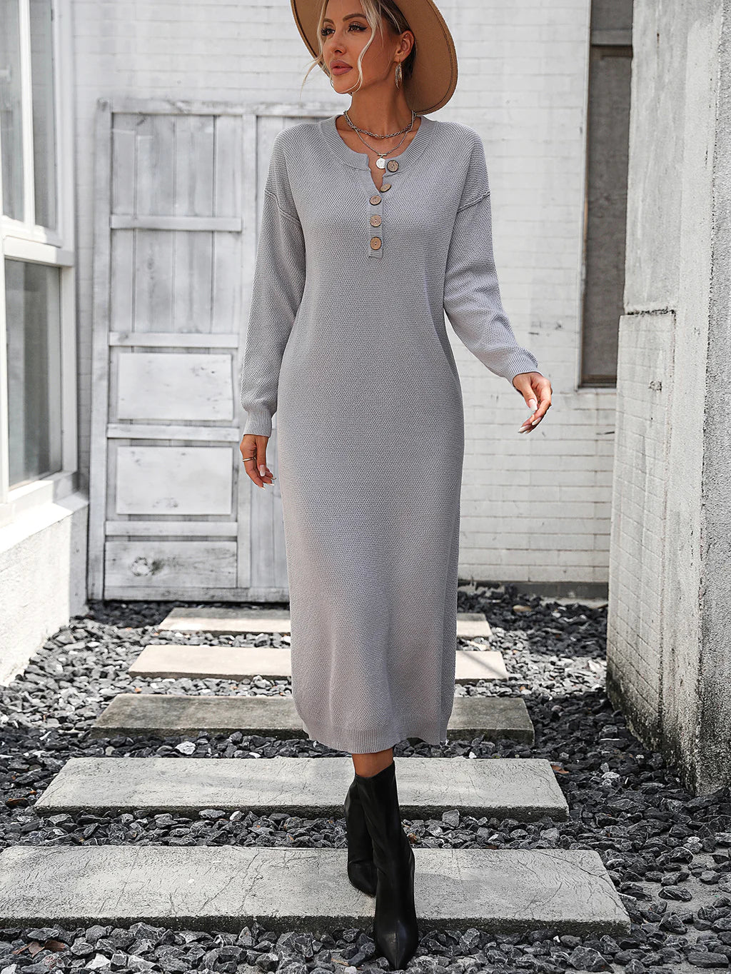STYLISH WOMEN BUTTON LONG SWEATER DRESS
