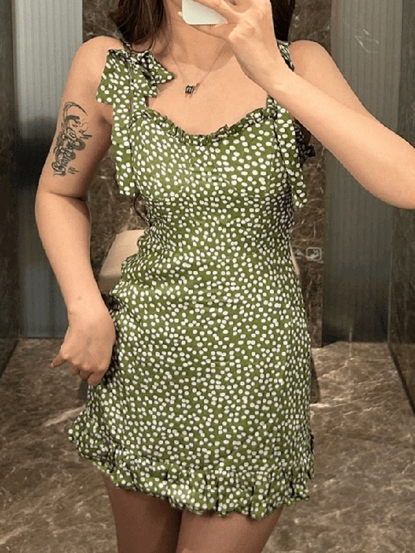 Tie Strap Polka Dot Green Mini Dress Trendy Floral Mini Dress