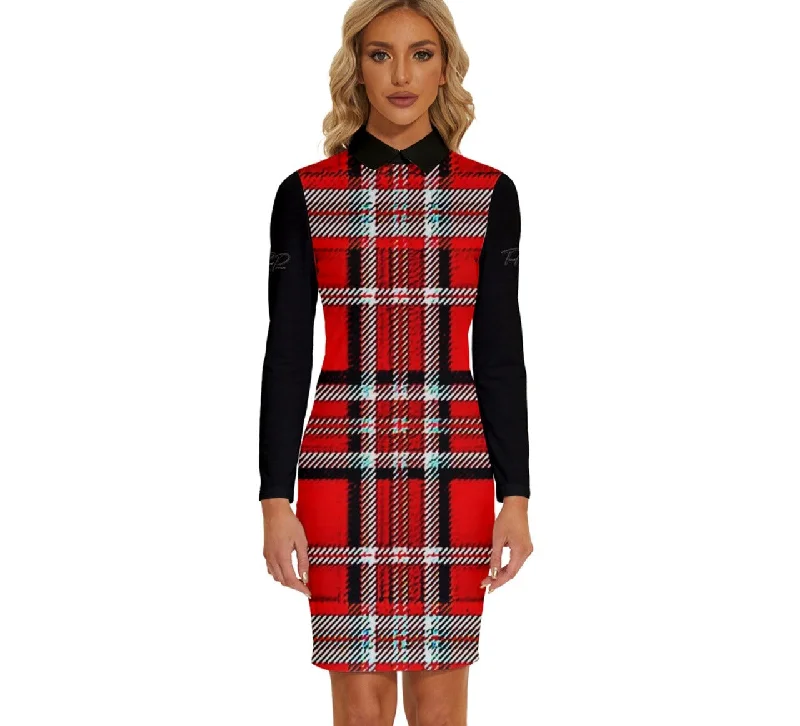 TRP Twisted Patterns 06: Digital Plaid 01-03A Designer Long Sleeve Collared Bodycon Mini Dress Elegant Satin Mini Dress TRP Twisted Patterns 06: Digital Plaid 01-03A Designer Long Sleeve Collared Bodycon Mini Dress Elegant Satin Mini Dress