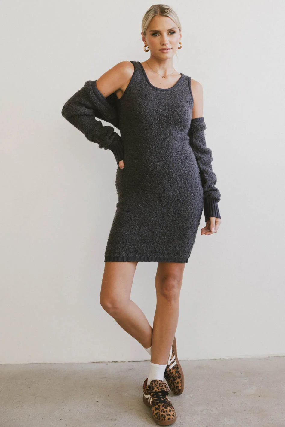 Vale Textured Knit Mini Dress in Charcoal Elegant Mini Dress with Ruffles
