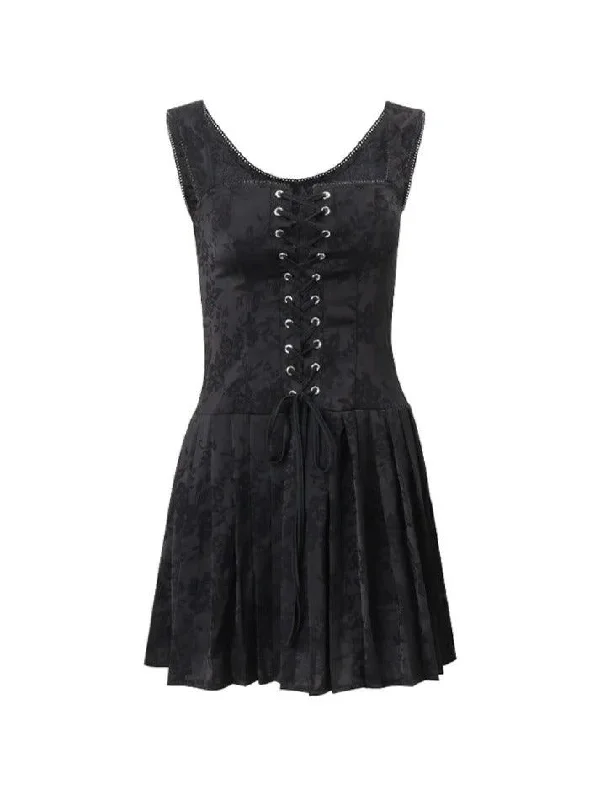 Vintage Flower Print Tie Front Pleated Mini Dress Trendy Tulle Mini Dress