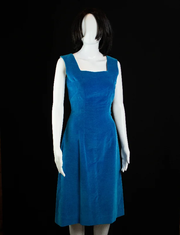 Vintage Velvet Cocktail Dress 60s Teal Blue Medium