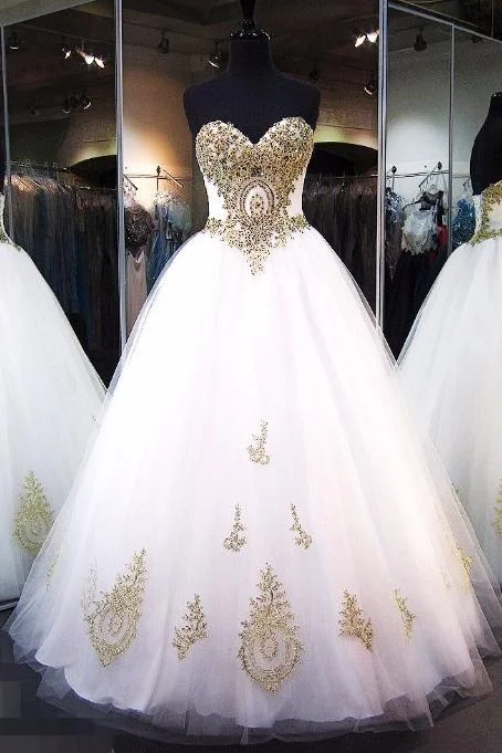 White Strapless Sweetheart Floor-length Ball Gown Bridal Dress With Gold Lace Appliques N430