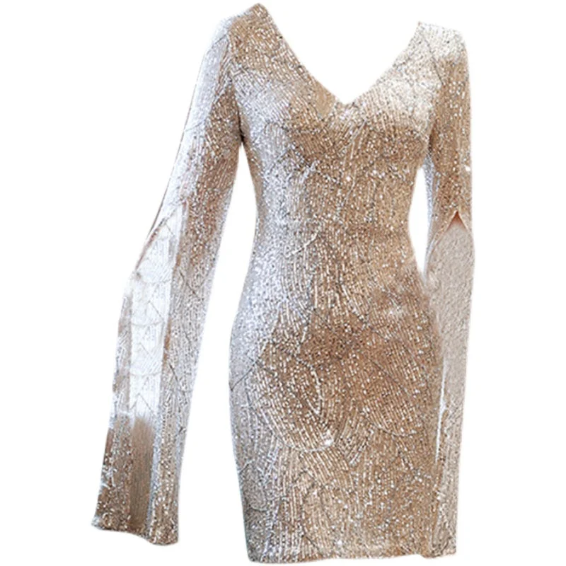Sequin Cape Sleeves Mini Dress Casual Mini Dress with Pockets