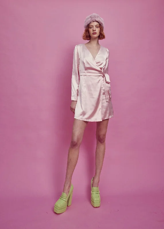 Sarah Wrap Mini Dress - Pale Pink Satin Classic Floral Print Mini Dress