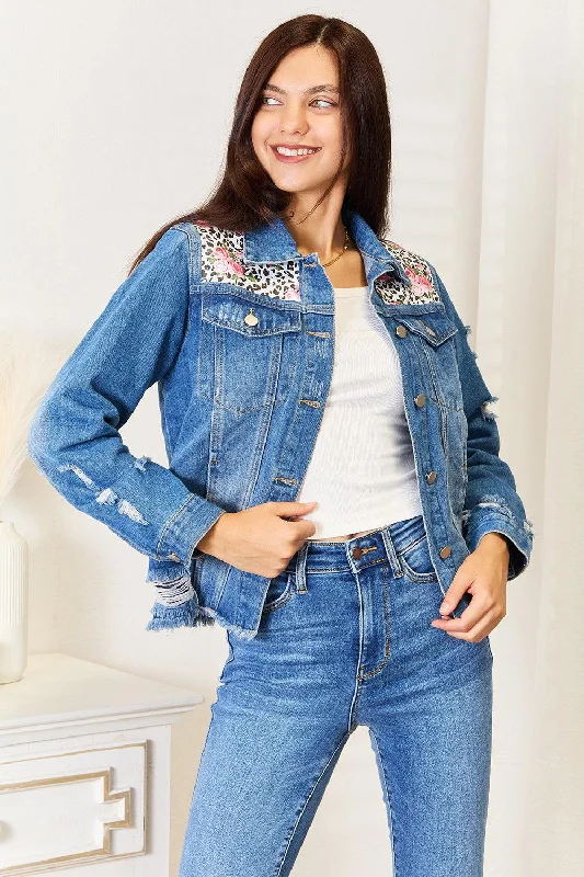 Baeful Leopard Floral Distressed Raw Hem Denim Jacket Wool Jacket Cashmere Jacket Tweed Jacket Baeful Leopard Floral Distressed Raw Hem Denim Jacket Wool Jacket Cashmere Jacket Tweed Jacket