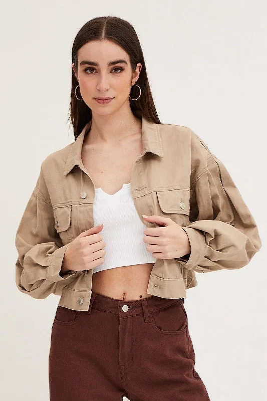 Beige Long Sleeve Cropped Denim Jacket Knit Fabric Woven Fabric Fleece Fabric