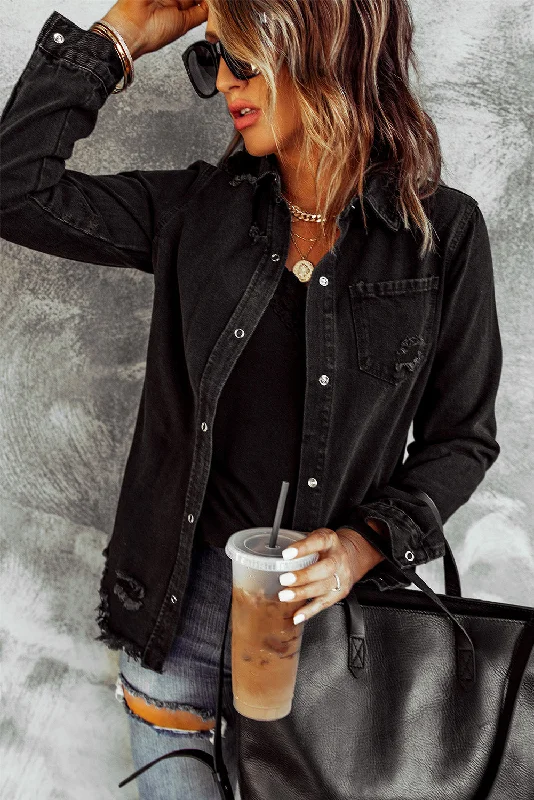 Long Sleeve Button-Down Black Ripped Denim Jean Jacket Hoodie Zip-Up Jacket Button-Up Jacket Long Sleeve Button-Down Black Ripped Denim Jean Jacket Hoodie Zip-Up Jacket Button-Up Jacket