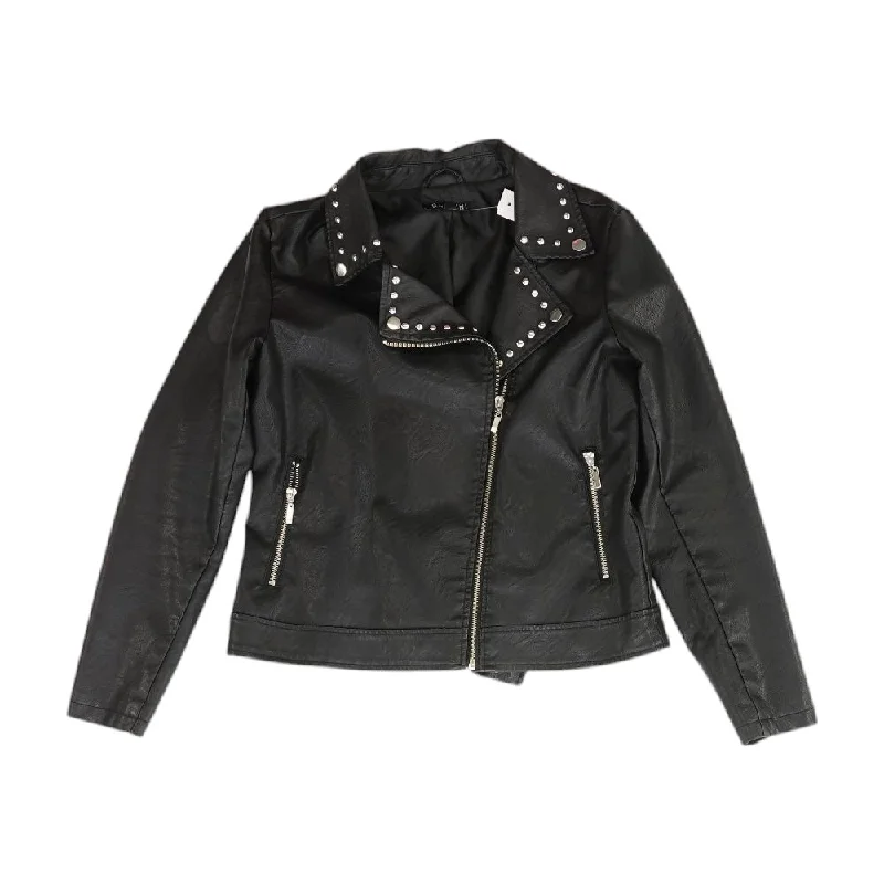 Black Solid Faux Leather Jacket A-Line Jacket Boat Neck Shawl Collar