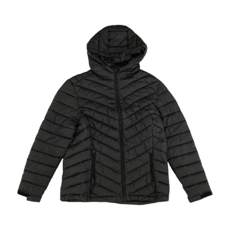 Black Solid Puffer Jacket Ribbed Jacket Pleated Jacket Ruffled Jacket