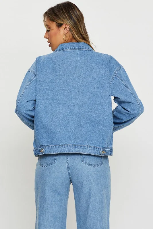 Blue Demin Jacket Long Sleeve Bomber Jacket Anorak Windbreaker