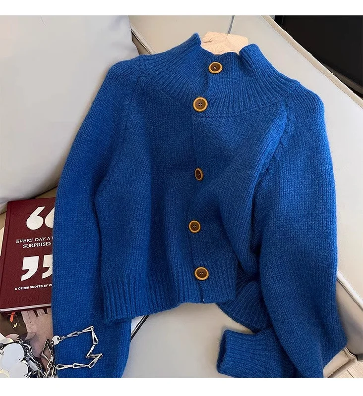 Blue Sweater Jacket Women's Fashionable Short Knitted Cardigan    S4833 Wool Jacket Cashmere Jacket Tweed Jacket