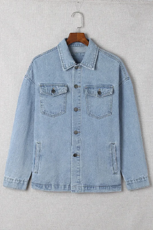 Button Down Collared Denim Jacket Cotton Fabric Linen Fabric Terry Fabric
