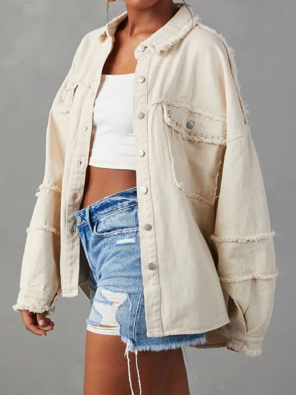 Button Down Raw Hem Denim Jacket Trench Coat Raincoat Waterproof Jacket