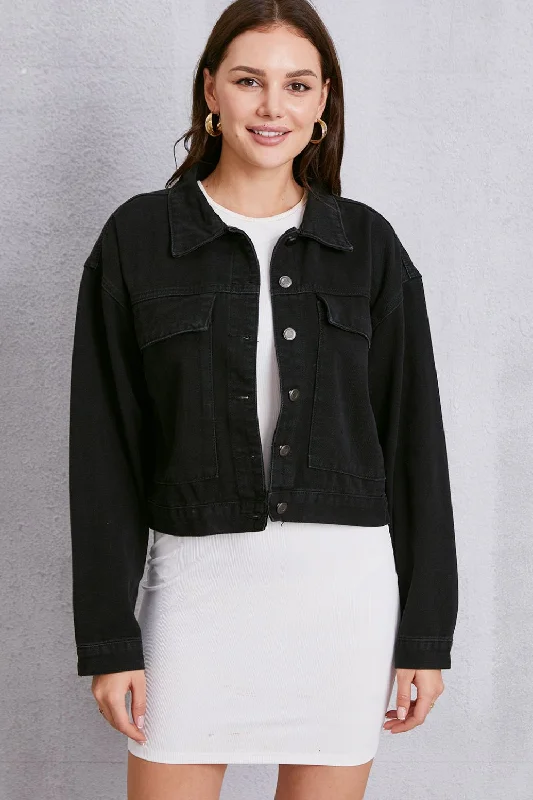 Button Up Dropped Shoulder Denim Jacket Zippered Front Buttoned Front Snap Front