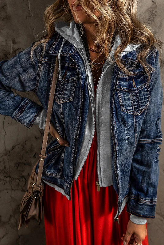 Contrast Zip-Up Hooded Denim Jacket Fleece Jacket Down Jacket Feather Jacket