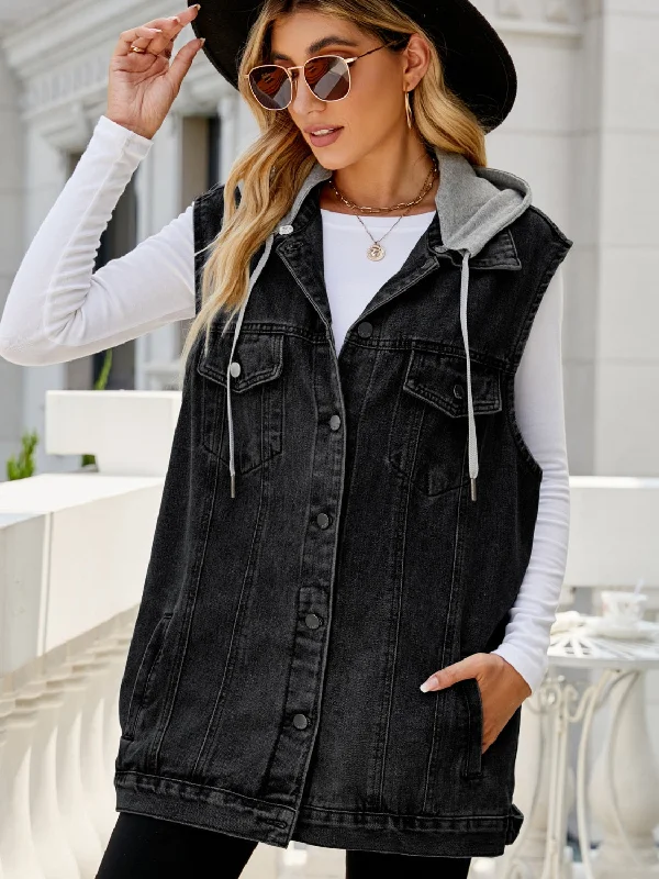 Drawstring Pocketed Button Up Sleeveless Denim Jacket Knit Jacket Woven Jacket Fleece Jacket Drawstring Pocketed Button Up Sleeveless Denim Jacket Knit Jacket Woven Jacket Fleece Jacket