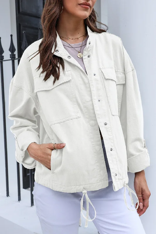 Drawstring Snap Down Dropped Shoulder Denim Jacket Front Pockets Side Pockets Patch Pockets Drawstring Snap Down Dropped Shoulder Denim Jacket Front Pockets Side Pockets Patch Pockets