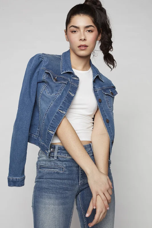 FARRAH -  Ladies Denim Trucker Jacket - Medium Blue Wash Striped Jacket Polka Dot Jacket Floral Jacket
