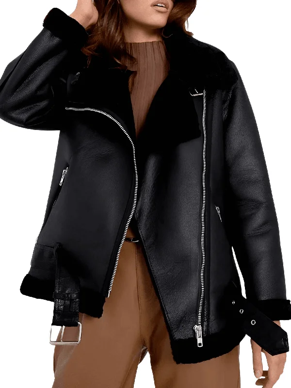 Faux Lamb Leather Jacket Women Boat Neck Shawl Collar Notched Collar