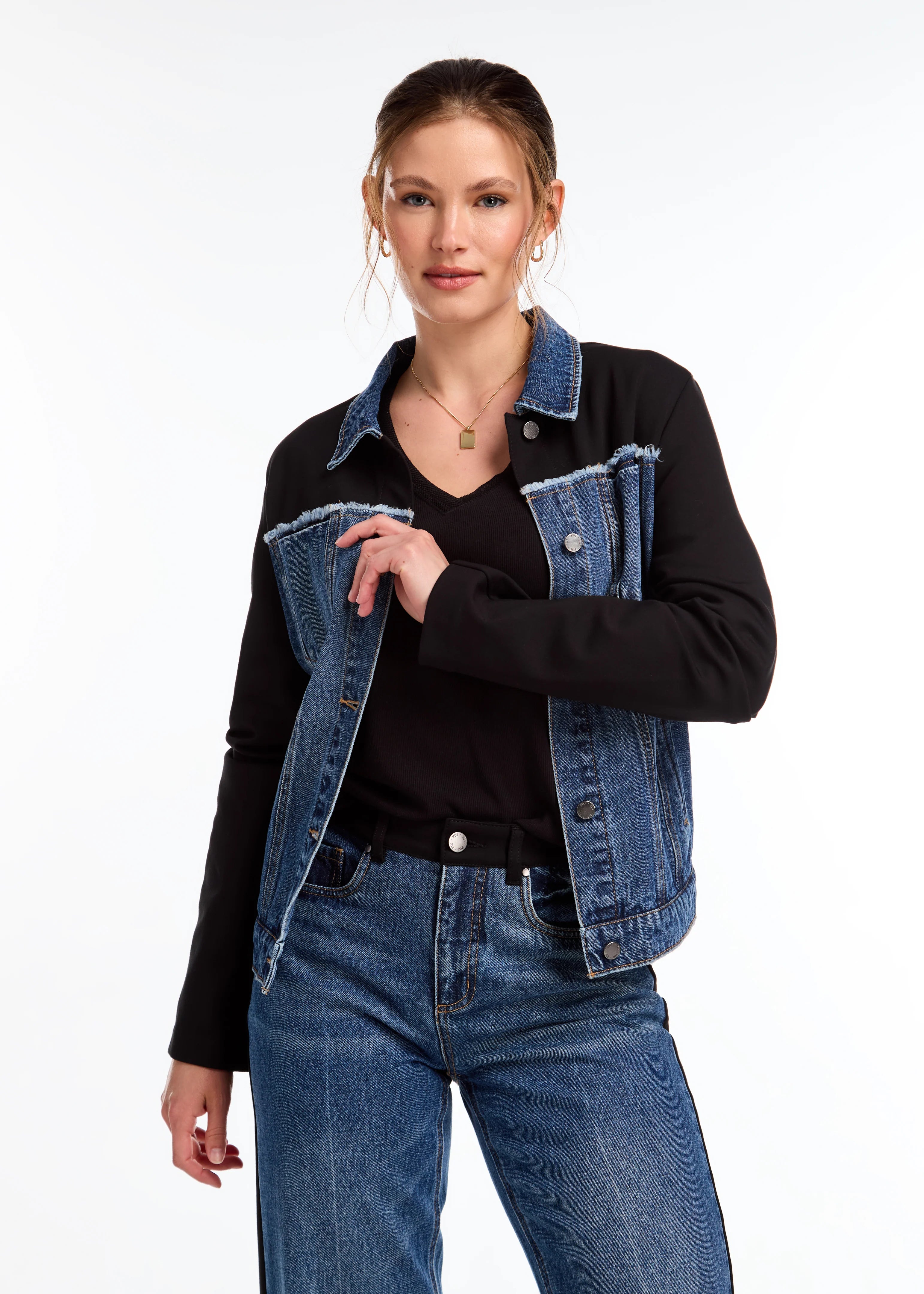 FDJ- Mixed Media Denim Jacket Herringbone Jacket Houndstooth Jacket Plaid Jacket