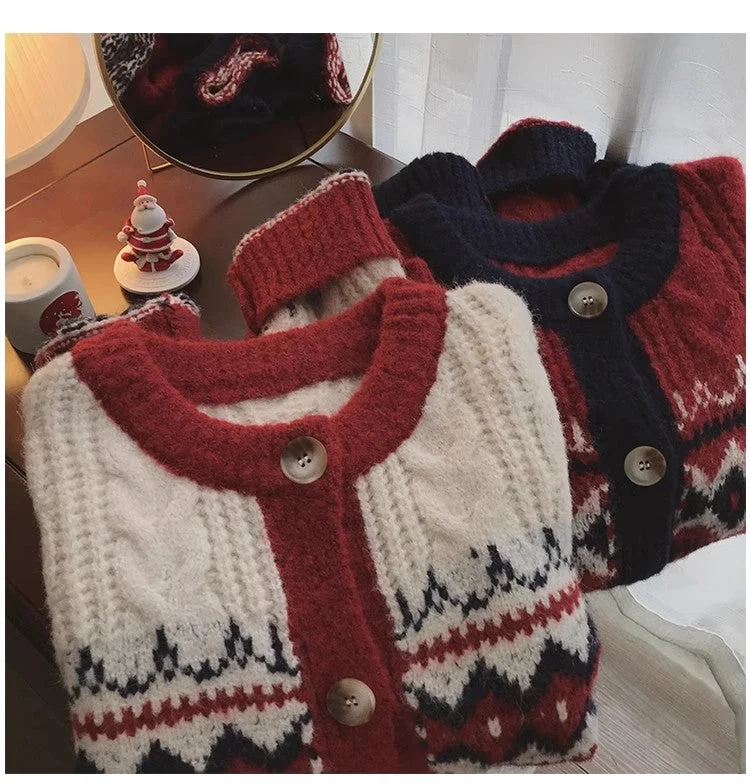 jacquard round neck knitted cardigan for women Christmas red sweater jacket S4808 Welt Pockets Slit Pockets Flap Pockets jacquard round neck knitted cardigan for women Christmas red sweater jacket S4808 Welt Pockets Slit Pockets Flap Pockets