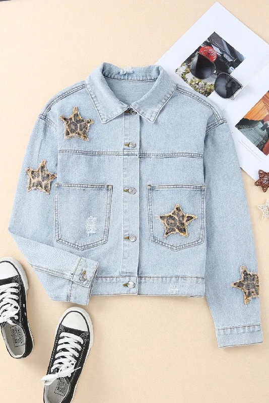 Leopard Star Applique Distressed Denim Jacket Insulated Jacket Fitted Jacket Loose Jacket Leopard Star Applique Distressed Denim Jacket Insulated Jacket Fitted Jacket Loose Jacket